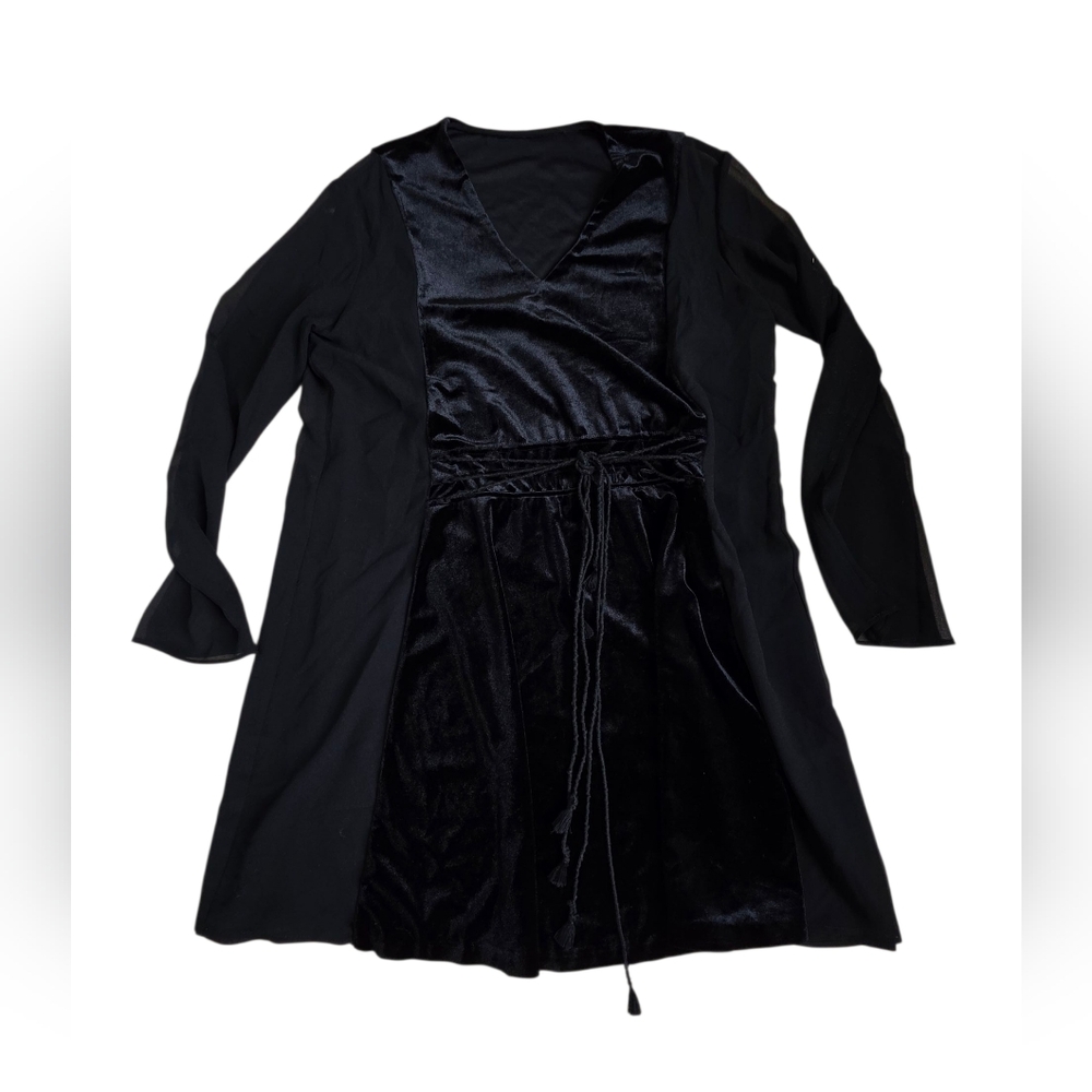 LIN Edition Limit Black A-Line Mini Sheet & Velvety Panels Dress Size S Tie Belt